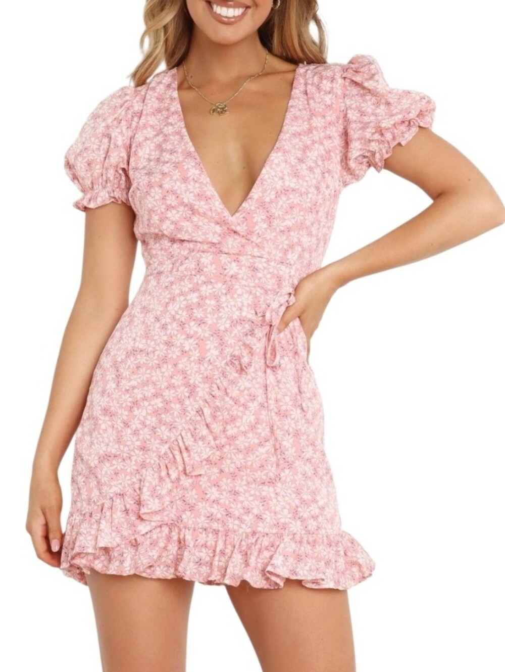 PETAL & PUP Alycia Pink Floral Wrap Mini Dress Women's Size 6